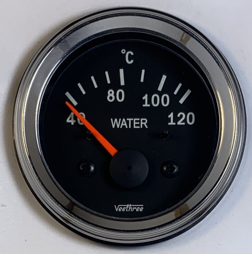 Water Temperature Gauge (Black dial/Chrome bezel) with Sender Veethree