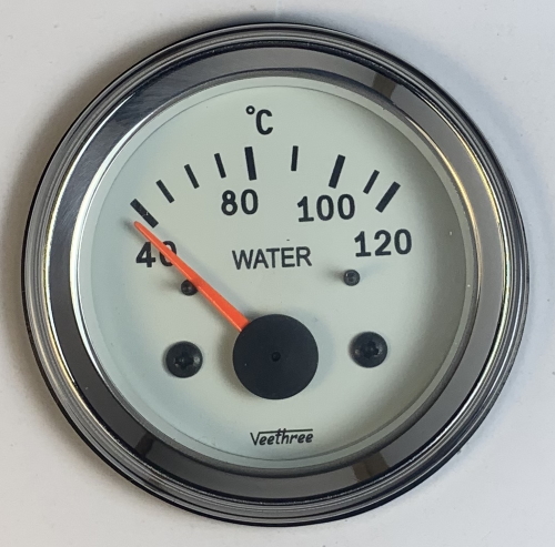 Water Temperature Gauge 24V (White dial/Chrome bezel) with Sender